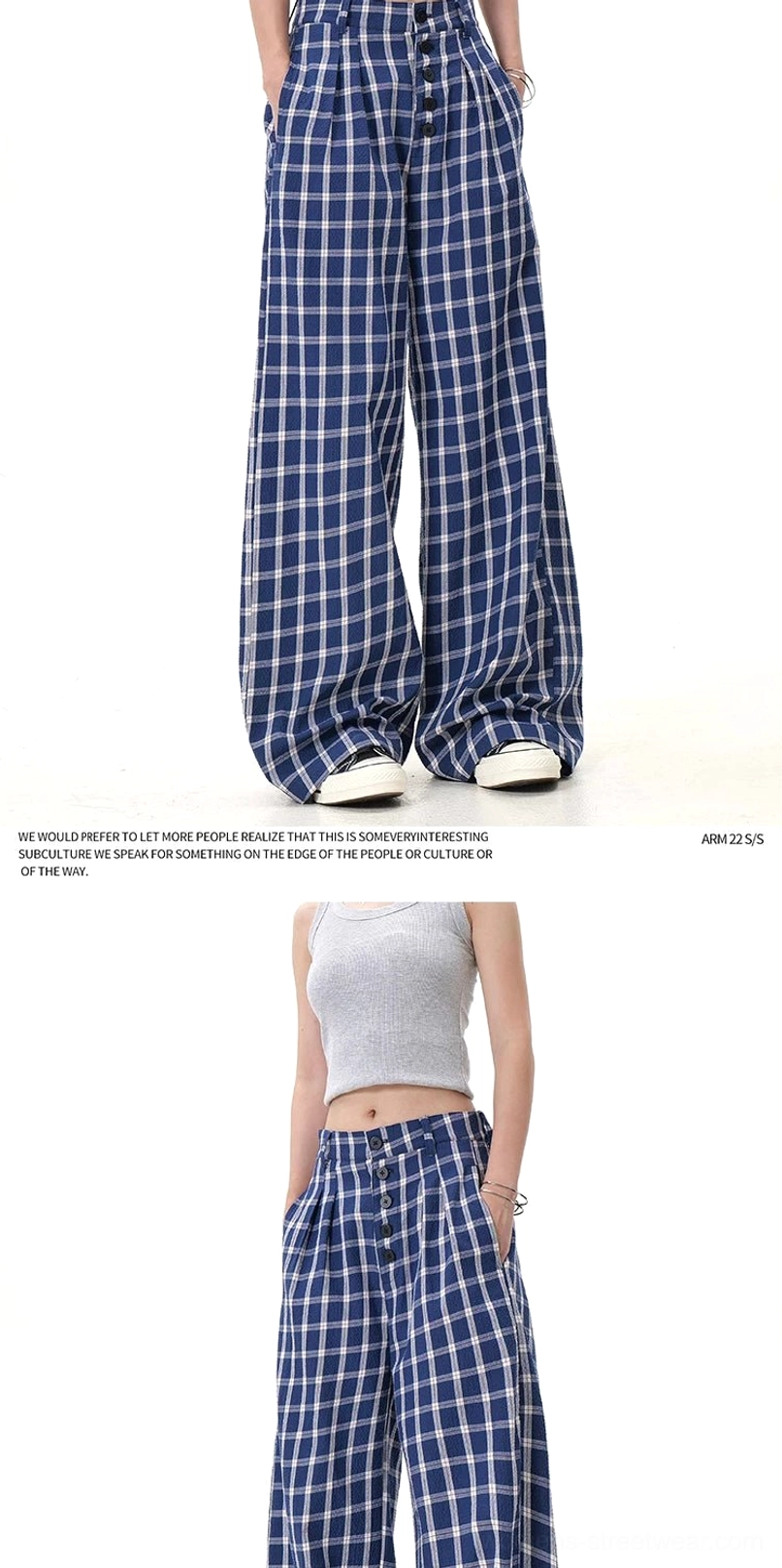 Blue and white checkered wide-leg pants displayed flat to show the back silhouette and oversized streetwear proportions