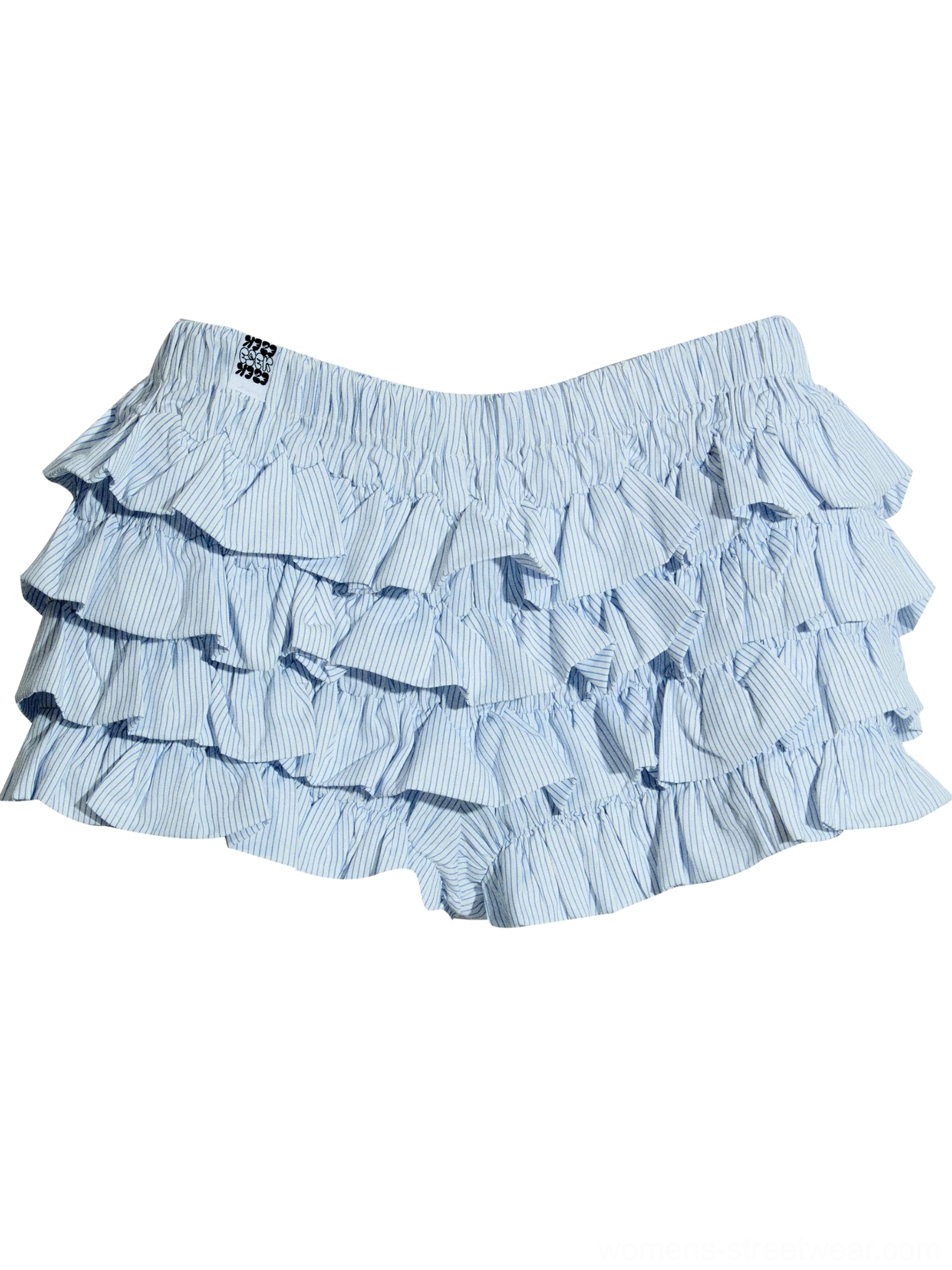 Blue and white pinstripe tiered ruffle mini shorts shown in a flat lay with elastic waistband, layered ruffles, and waist tag