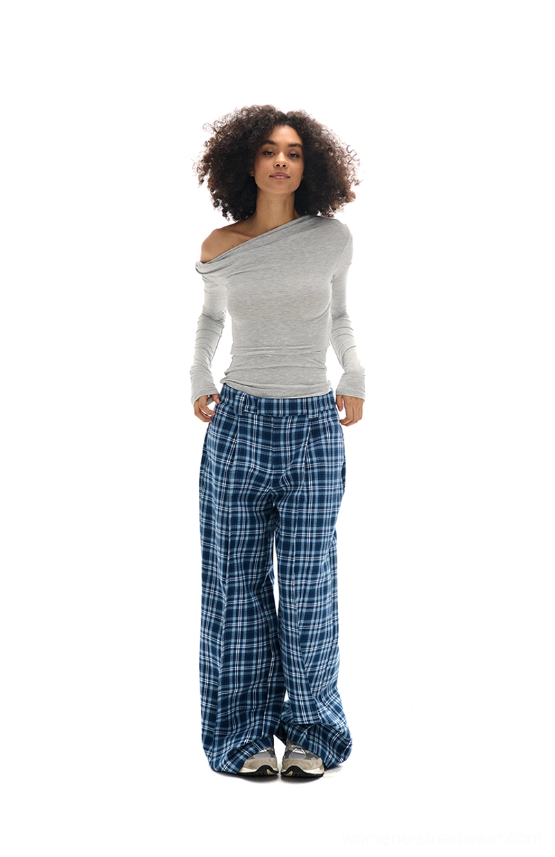 Blue and white plaid wide-leg pants with elastic waist and straight relaxed cut styled with a gray off-shoulder top