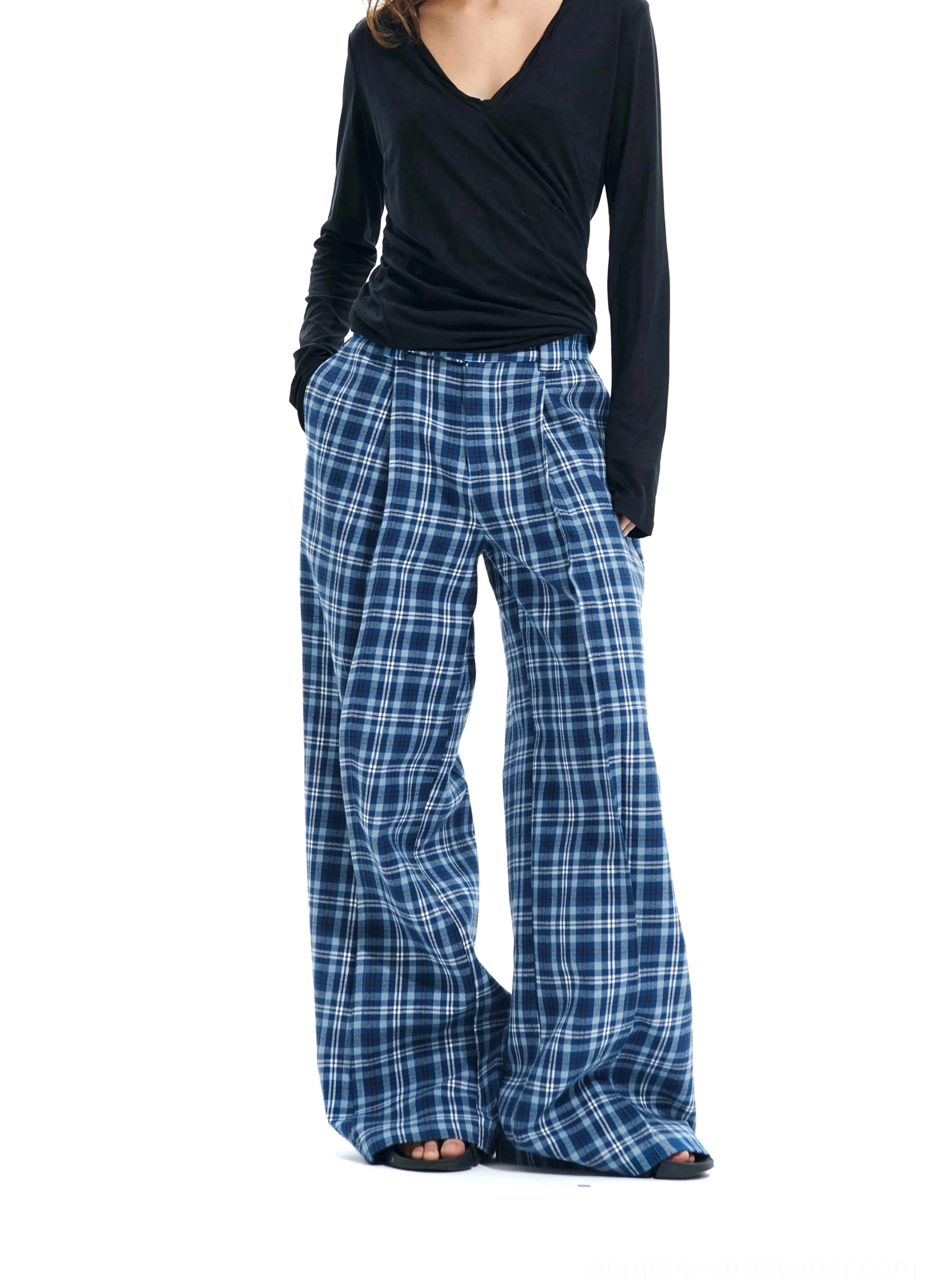 Blue and white plaid wide-leg streetwear trousers with high waist, front pleats and relaxed full-length women’s fit