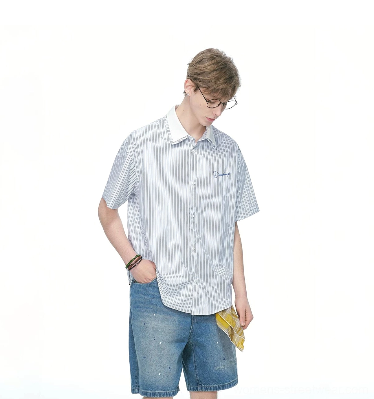 Blue and white vertical striped short sleeve contrast collar shirt with loose casual silhouette and embroidered chest detail