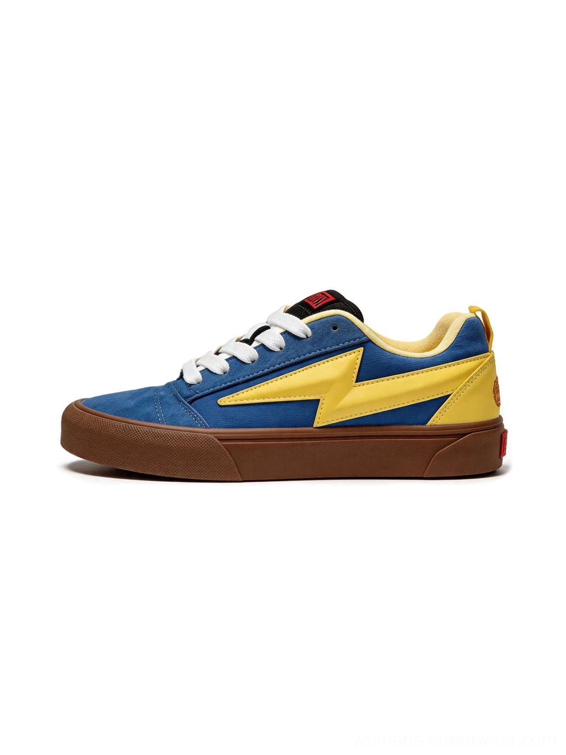 Front flat lay view of blue and yellow lightning bolt colorblock skate sneakers with white laces and gum rubber soles