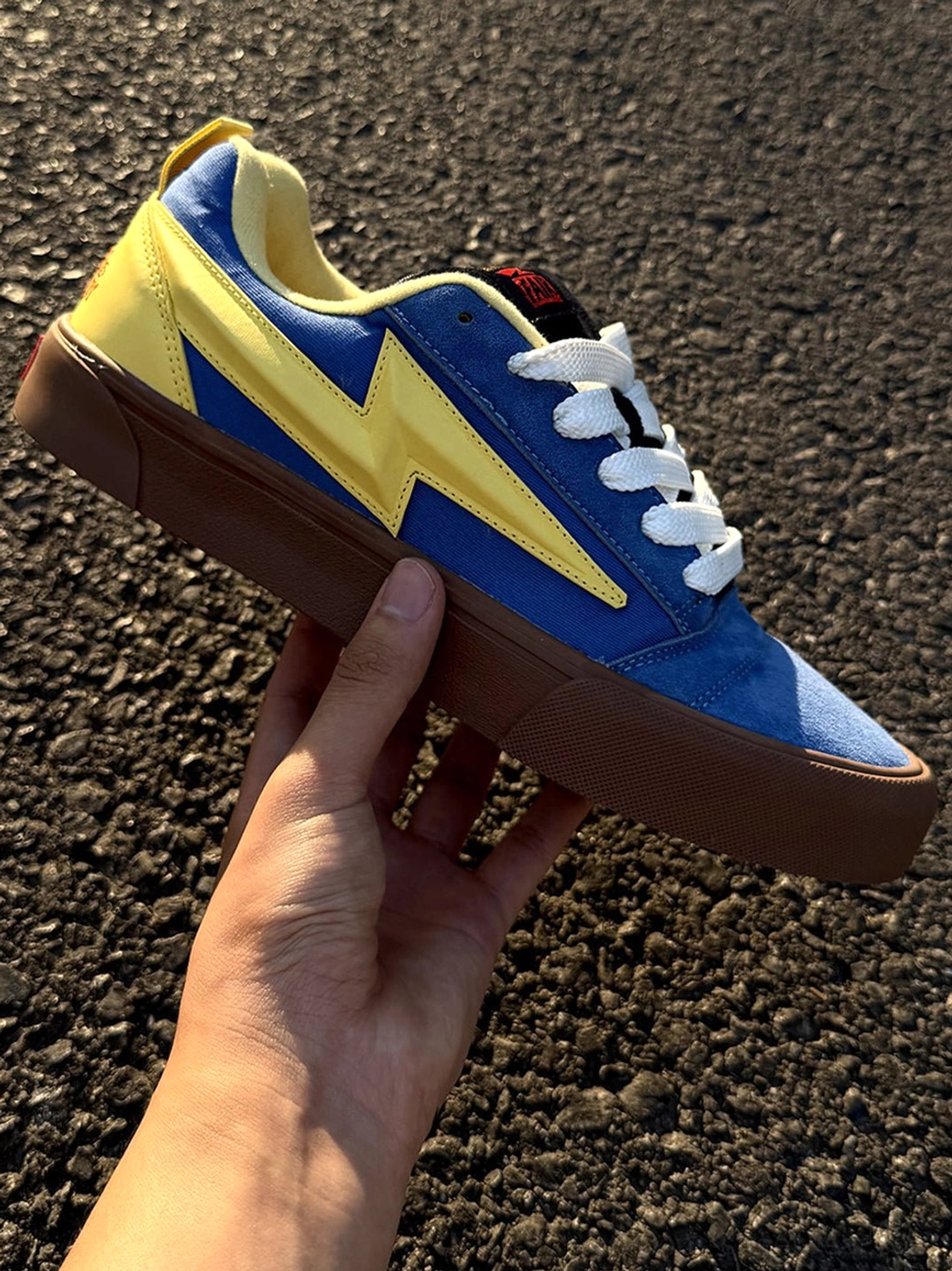 Blue yellow lightning bolt colorblock skate sneakers streetwear product detail view