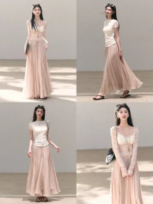 Blush chiffon flowing panel maxi skirt styled in multiple Korean-inspired streetwear outfits