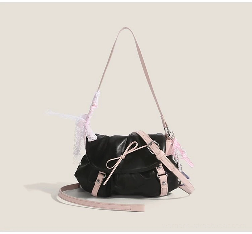 Black lace bow ruched shoulder satchel for Y2K streetwear with pendant option and contrast hardware