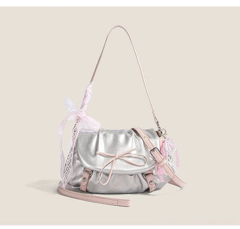Silver and pink two tone lace bow ruched shoulder satchel with contrast trim ribbon charms and black straps