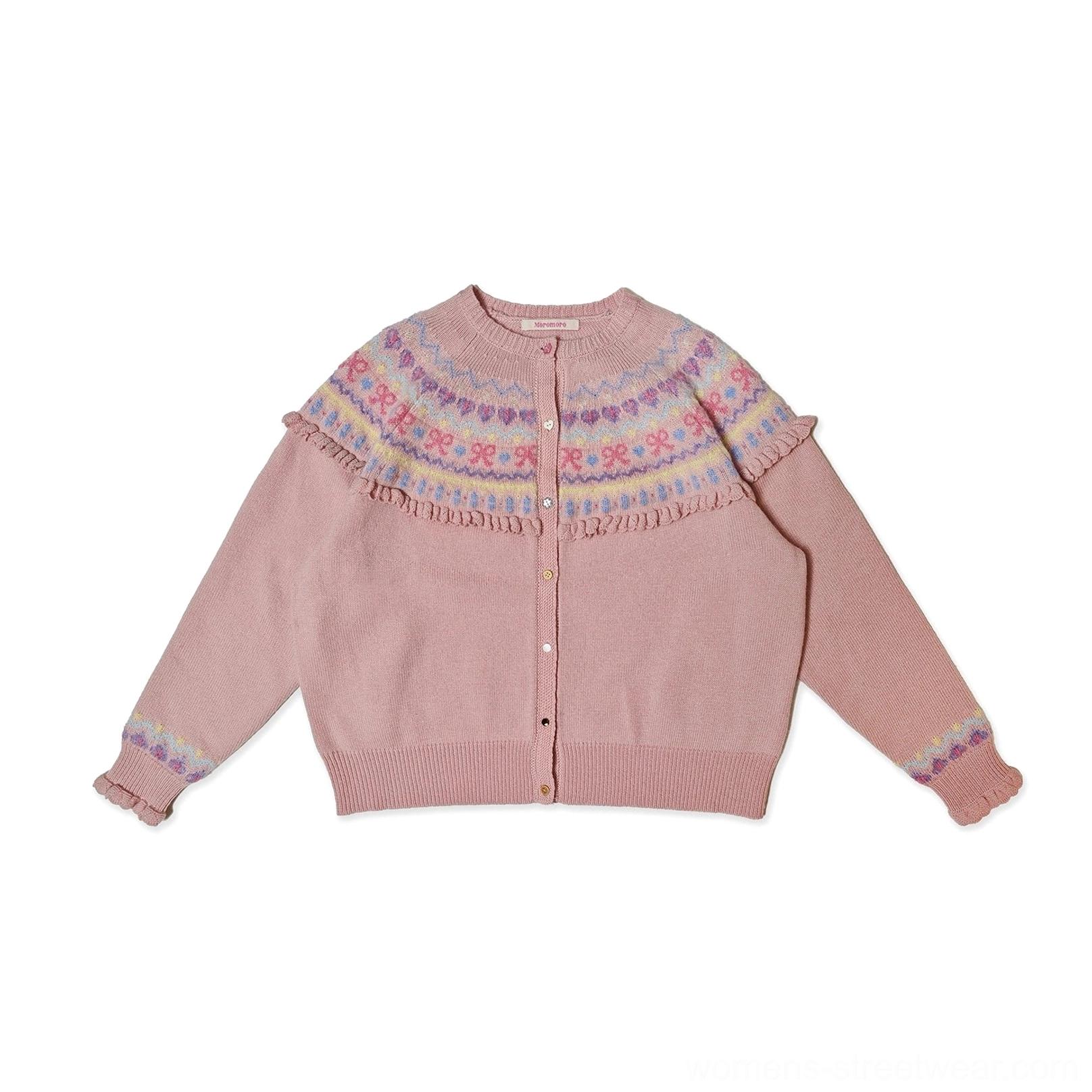 Blush pink cropped Fair Isle fringe cardigan shown flat with colorful patterned yoke and ruffled sleeve cuffs