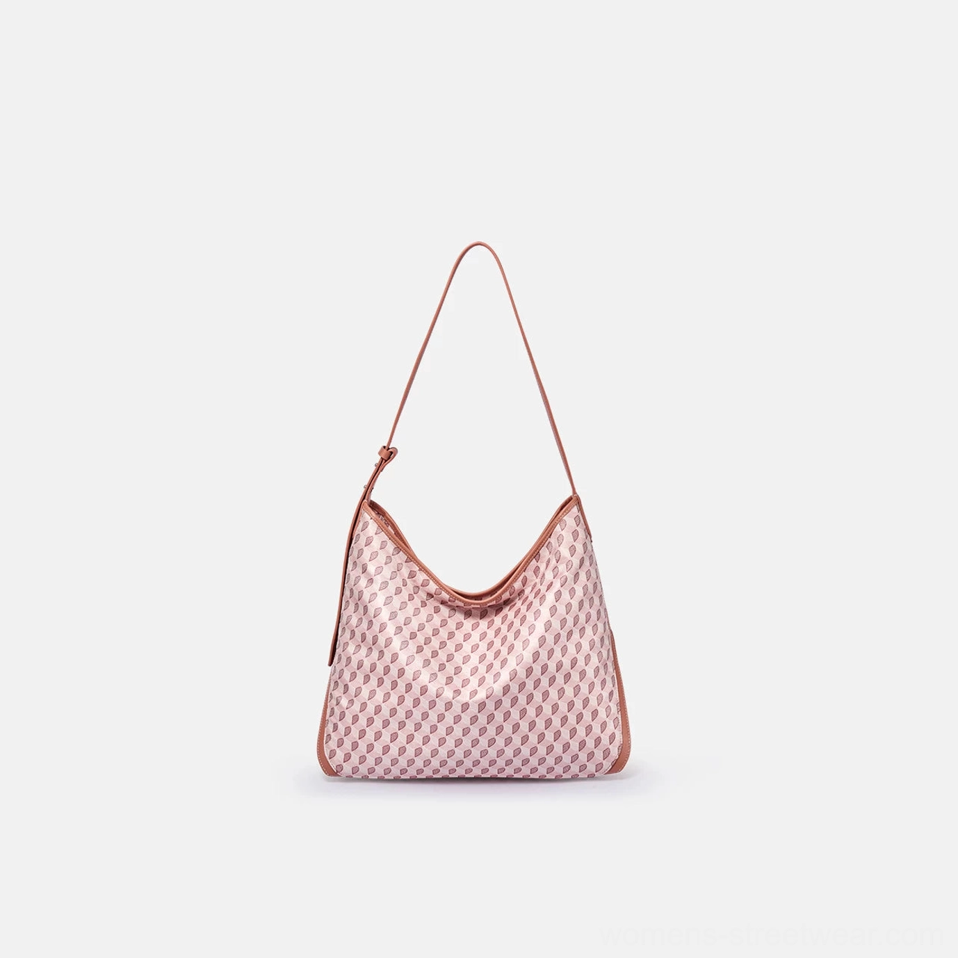 Blush pink geometric monogram large hobo bag with tan trim and soft curved shoulder silhouette