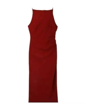 Red boat neck bodycon midi dress shown in a flat front product display with fitted midi cut, side ruching, and back zipper