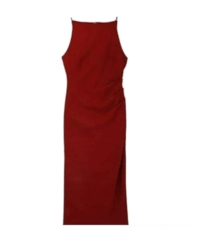 Red boat neck bodycon midi dress shown in a flat front product display with fitted midi cut, side ruching, and back zipper
