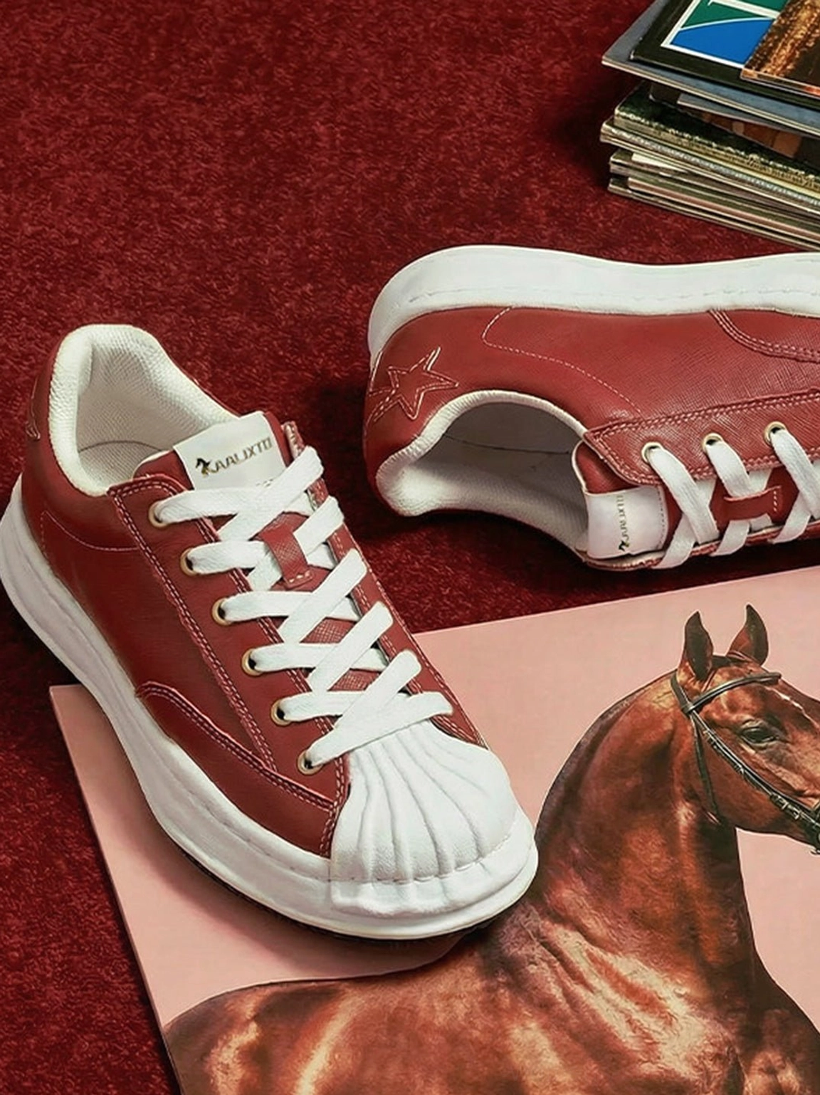 Bold red molded-toe sneakers designed for Korean streetwear, casual denim outfits, and everyday unisex styling