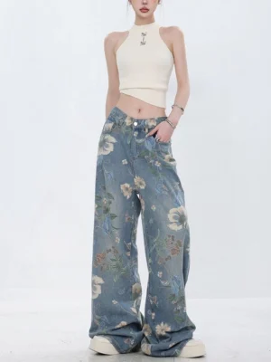Front full-body view of women's blue botanical floral wide-leg jeans with high waist, relaxed fit, and vintage Y2K Korean streetwear styling