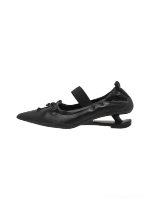 Black bow pointed-toe Mary Jane mules with elastic strap and sculpted curved heel side view