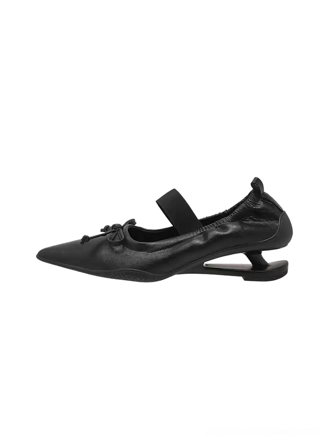 Black bow pointed-toe Mary Jane mules with elastic strap and sculpted curved heel side view