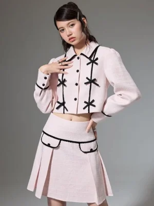 Pink bow trim cropped jacket with black braided piping and button front styled as Seoul Y2K streetwear