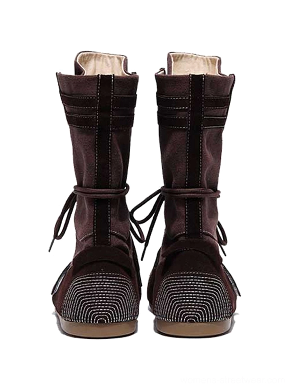 Top-front view showing the interior, rounded toe, and decorative stitching of dark brown boxing trainer boots