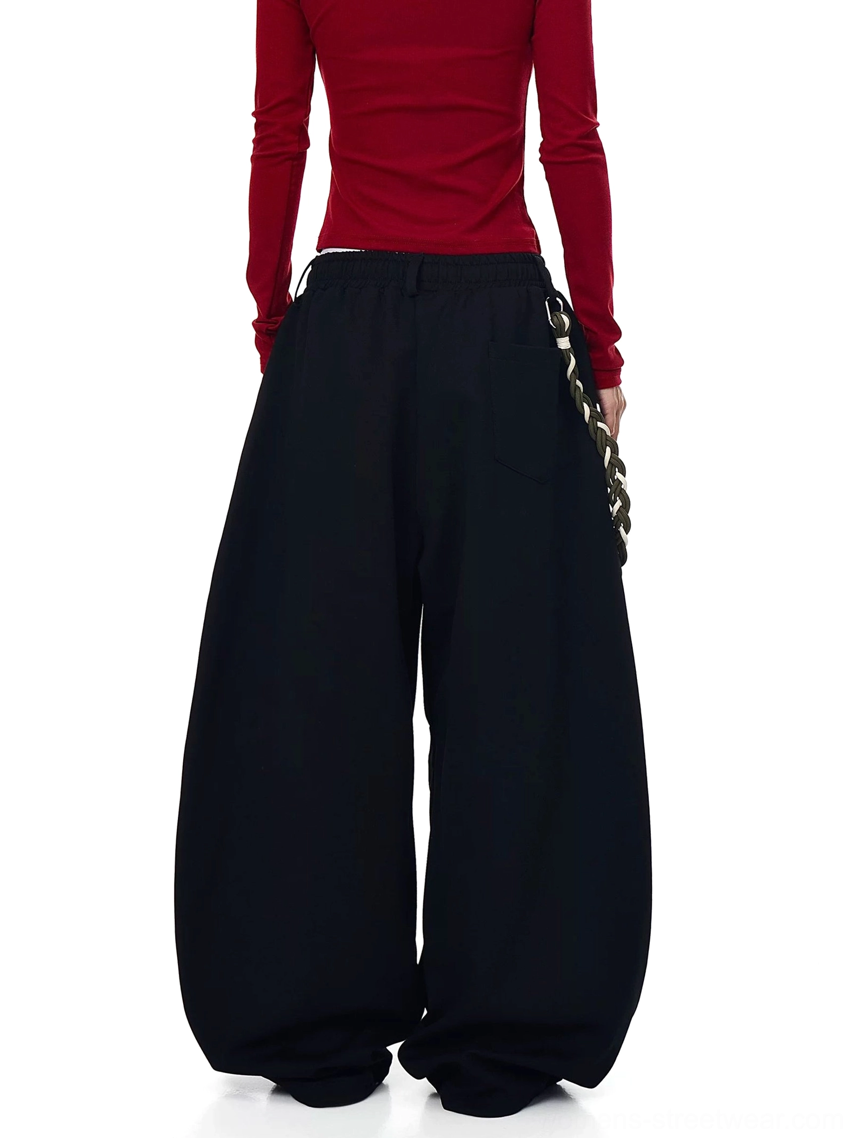 Braided rope ultra-wide fleece streetwear track pants product detail view showing oversized wide-leg construction