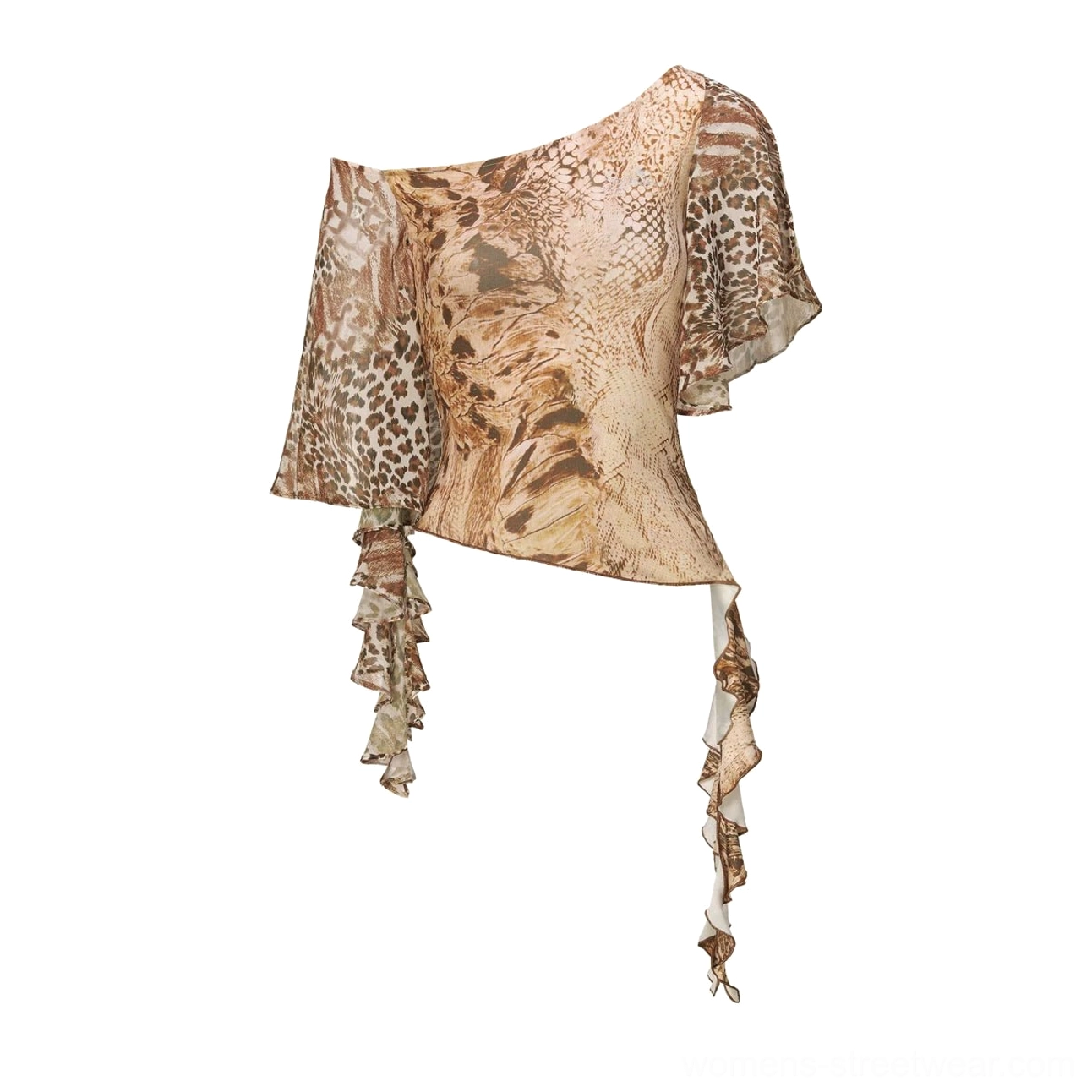 Brown asymmetric animal print one-shoulder ruffle top product image showing the fitted silhouette and flowing sleeve detail
