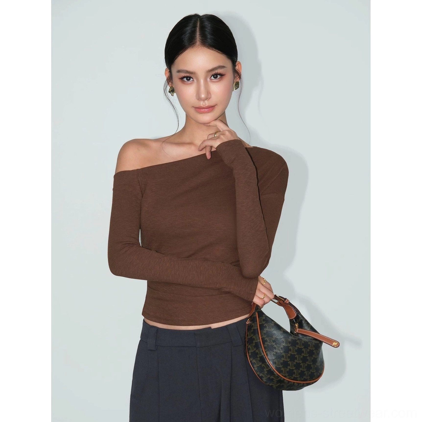 Brown asymmetric one-shoulder fitted long-sleeve tee with soft stretch jersey and modern streetwear styling