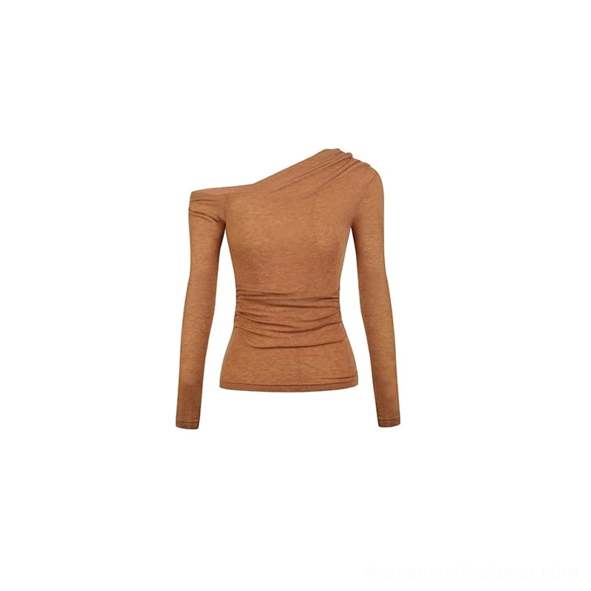 Brown asymmetrical one-shoulder long sleeve women’s Korean streetwear top product image