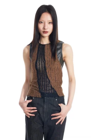 Brown and black knit panel tank top with sheer lace front detail and faux leather shoulder straps styled with black jeans