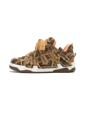 Brown camo rivet strap chunky platform skate sneaker side profile on white background