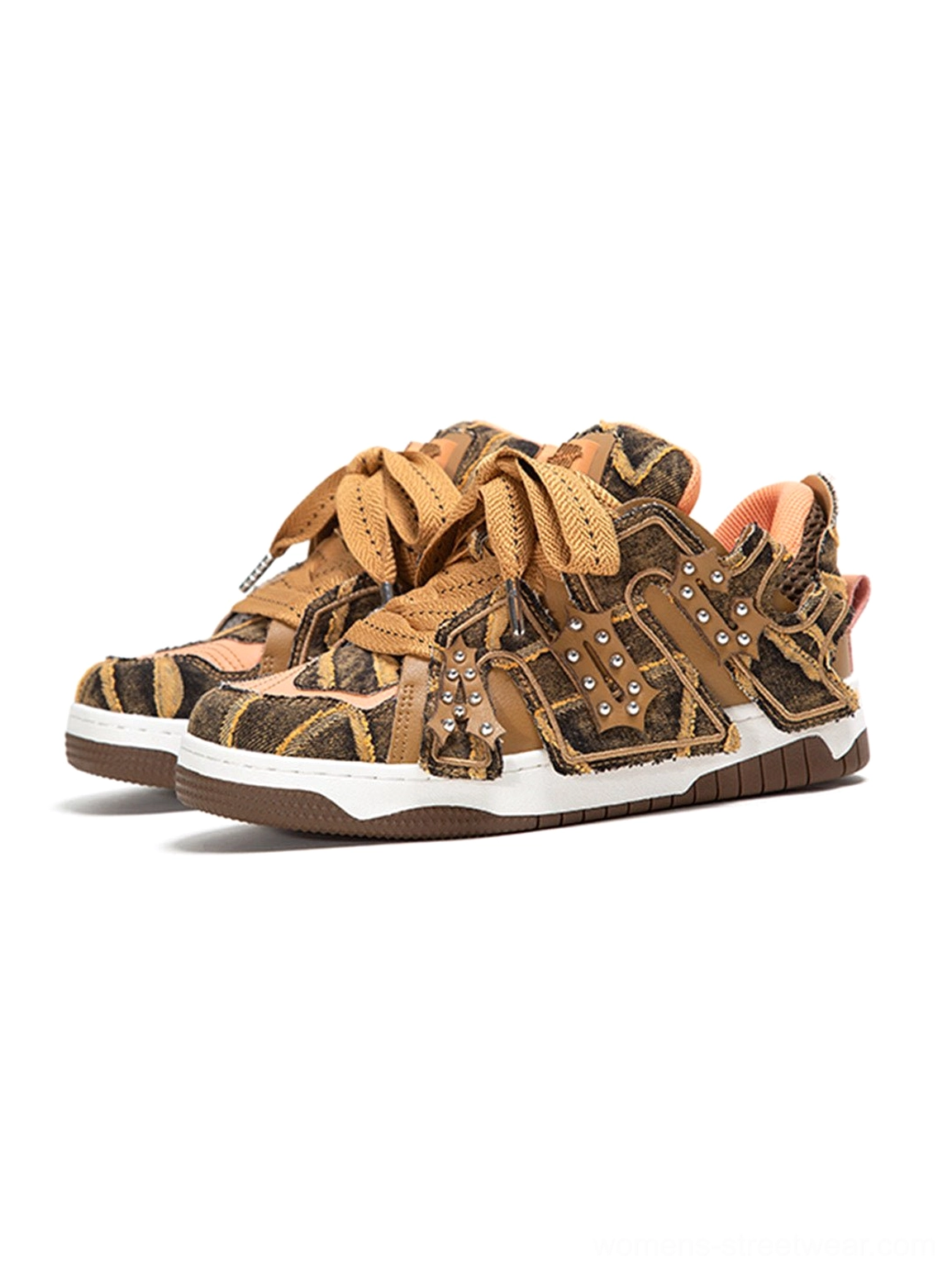 Pair of brown camo rivet strap chunky platform skate sneakers three-quarter product view