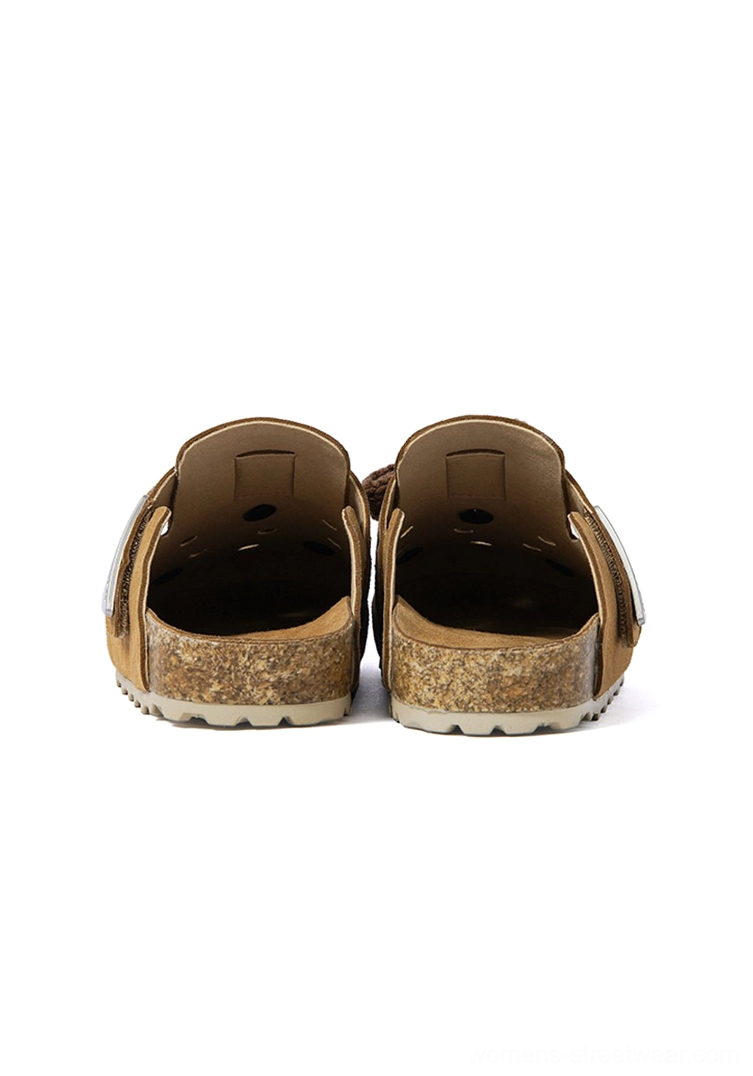 Back view of pair of brown charm-embellished clogs showing open heel construction, molded footbeds, breathable lining, and cork-look sole