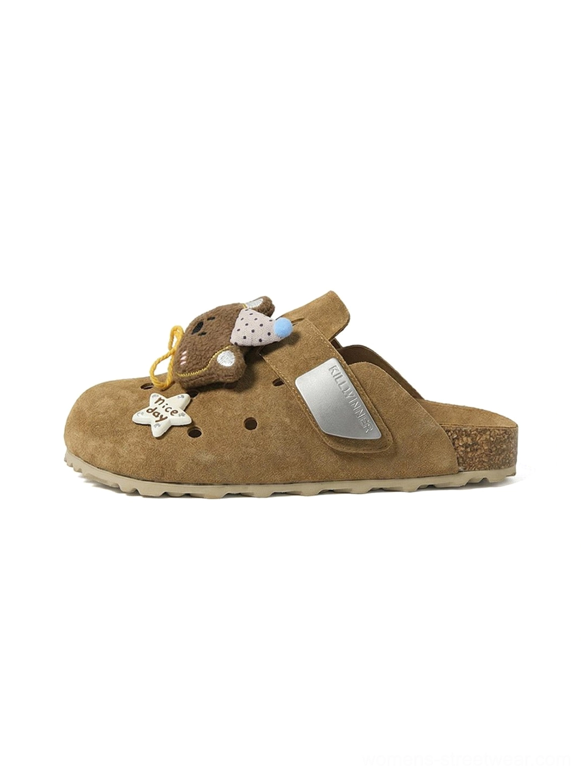 Left side view of brown charm-embellished perforated streetwear clogs with bear pendant, star badge, breathable upper, and cork-look footbed