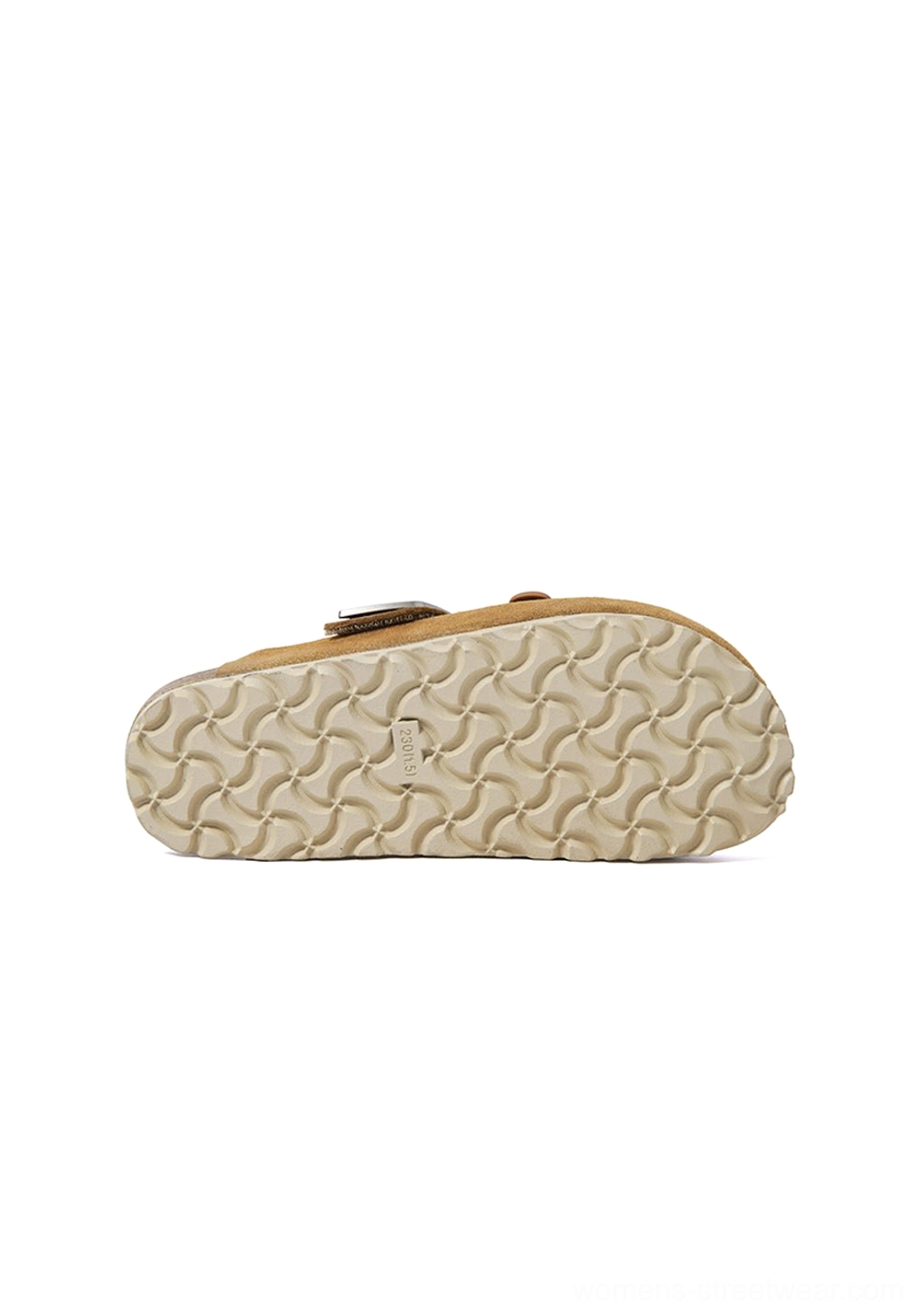 Bottom outsole view of brown perforated charm clogs showing wavy textured rubber tread pattern for everyday grip