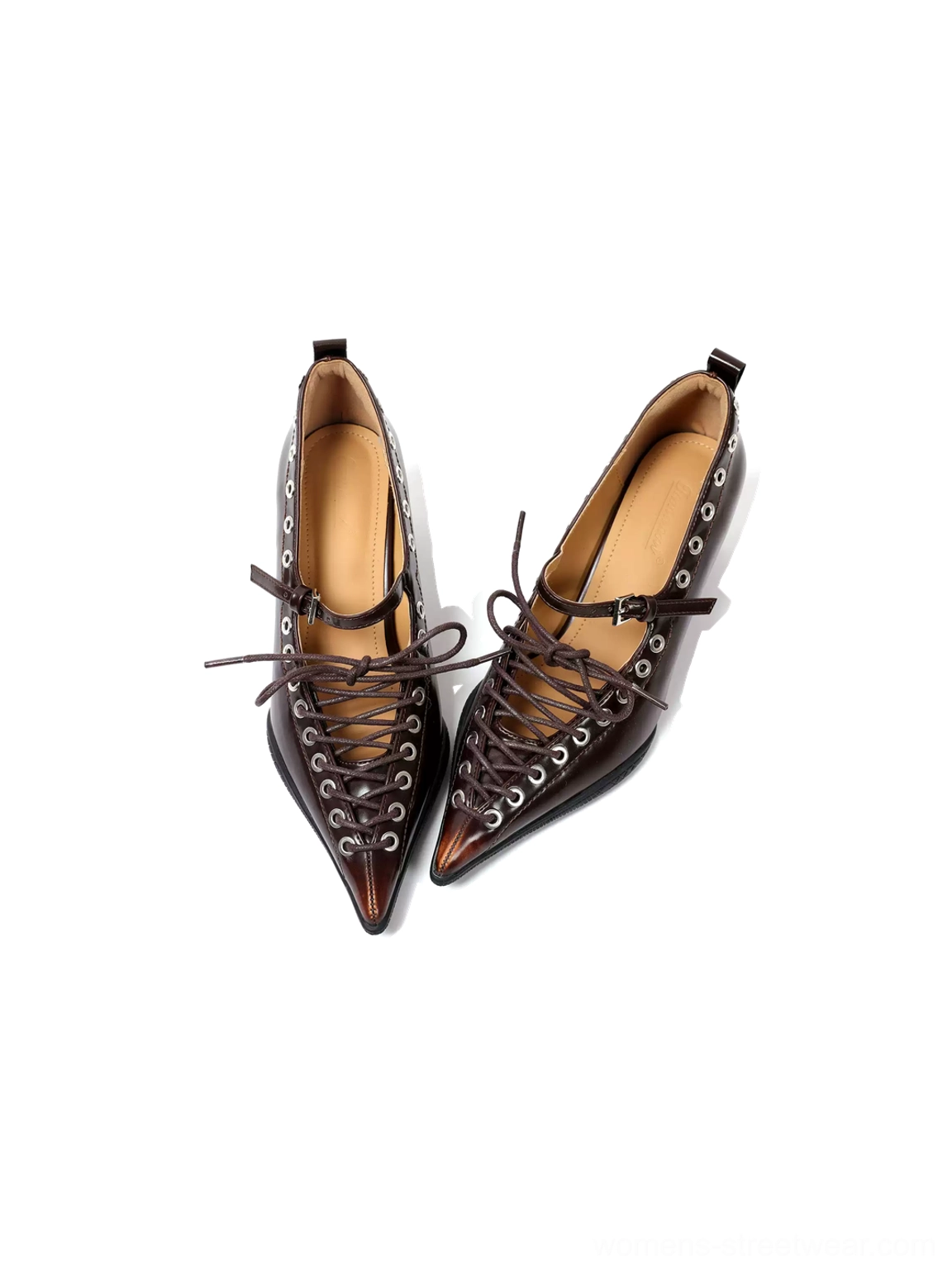 Front view of brown corset-lace pointed pumps with sharp toe shape, metal eyelet detailing, and adjustable ankle buckle fastening