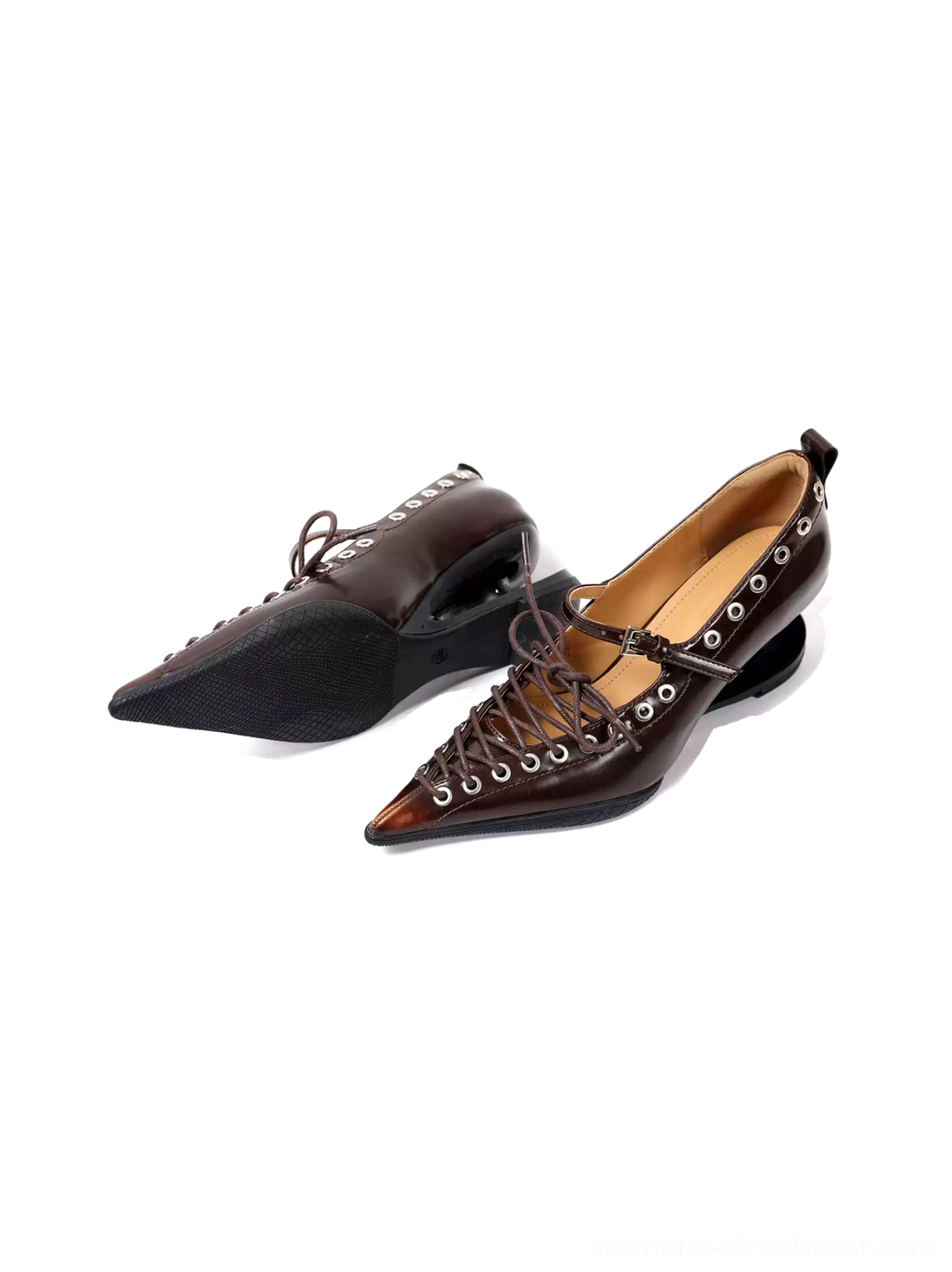 Brown corset-lace pointed pumps shown from a three-quarter angle with ankle buckle straps, polished synthetic leather, and sculpted curved heels
