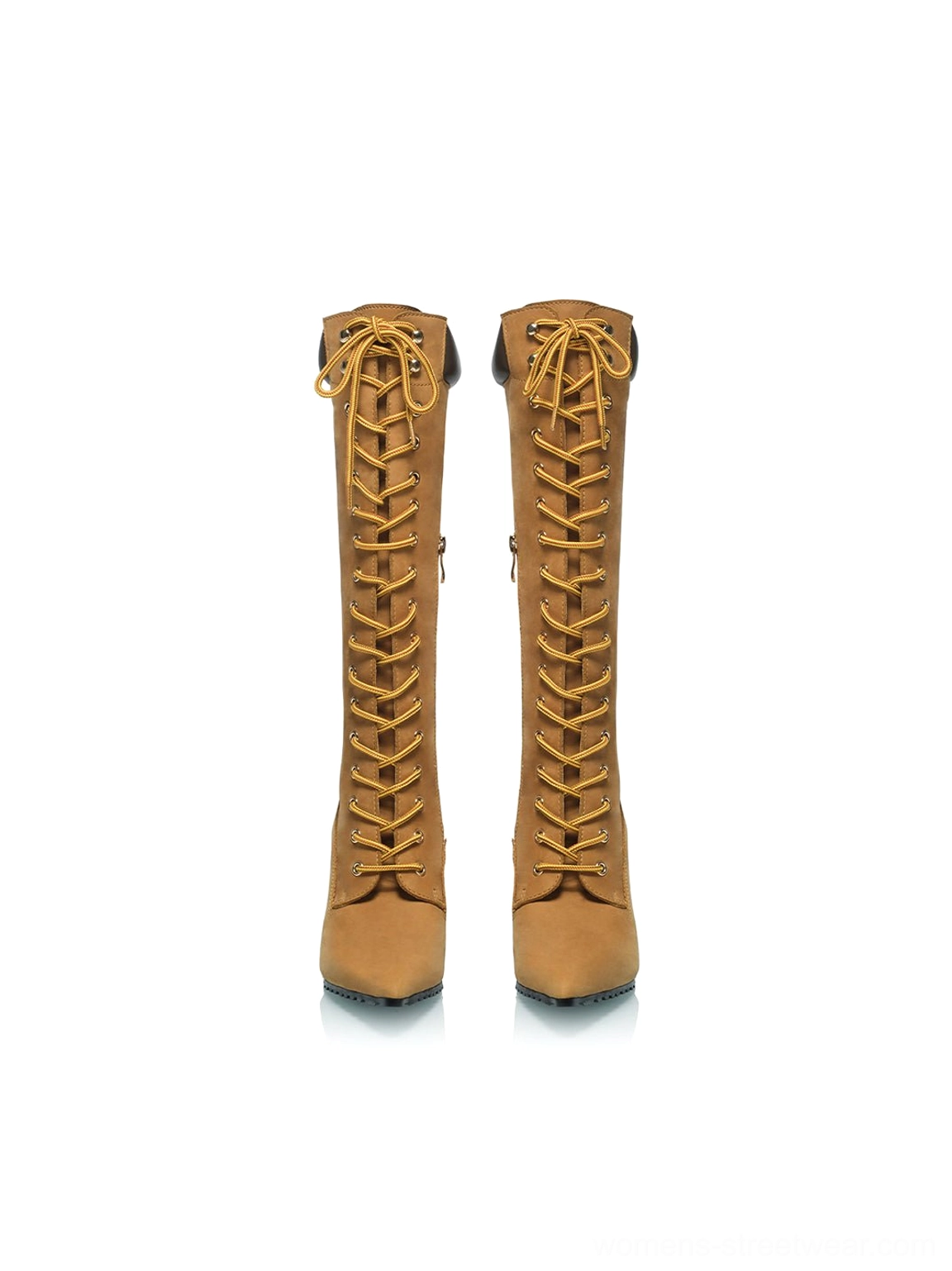 Front-facing pair of brown corset lace pointed toe knee-high stiletto boots