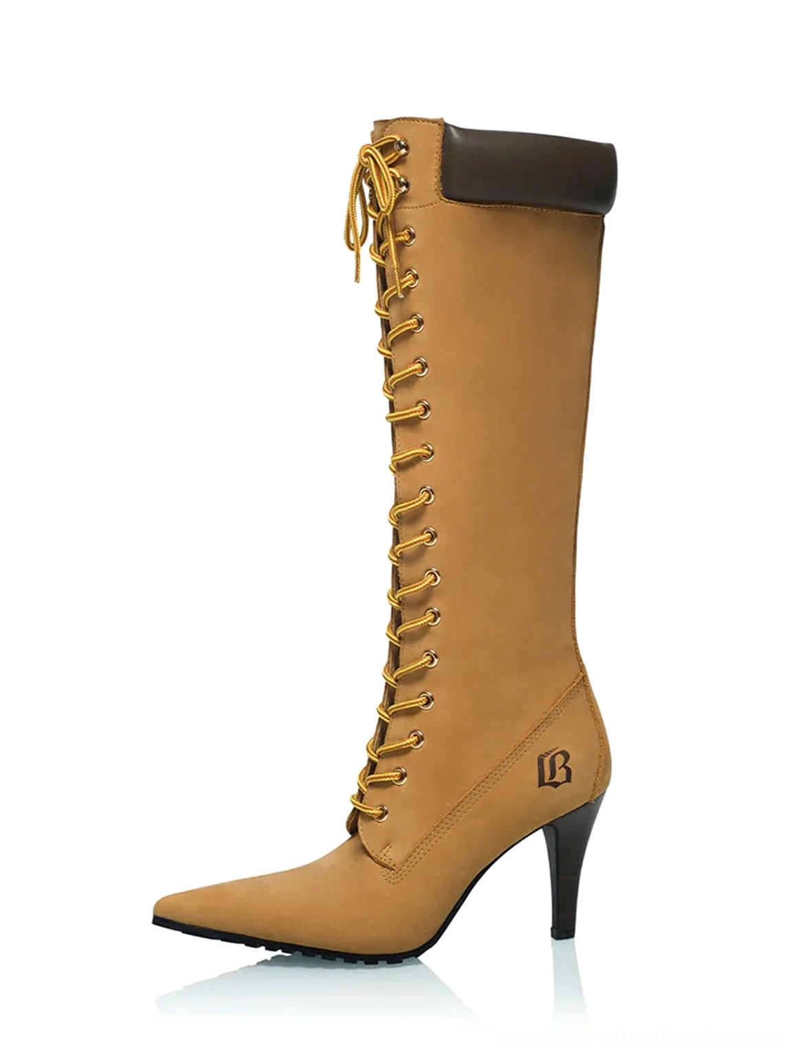 Brown corset lace pointed toe knee-high stiletto boots shown in left front product view