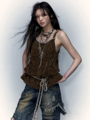 Brown crochet lace camisole tank top front three-quarter close-up with metallic neckline trim and layered silver necklaces