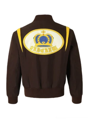 Brown crown embroidered varsity baseball jacket shown flat with yellow shoulder stripes and oval royal crown back patch