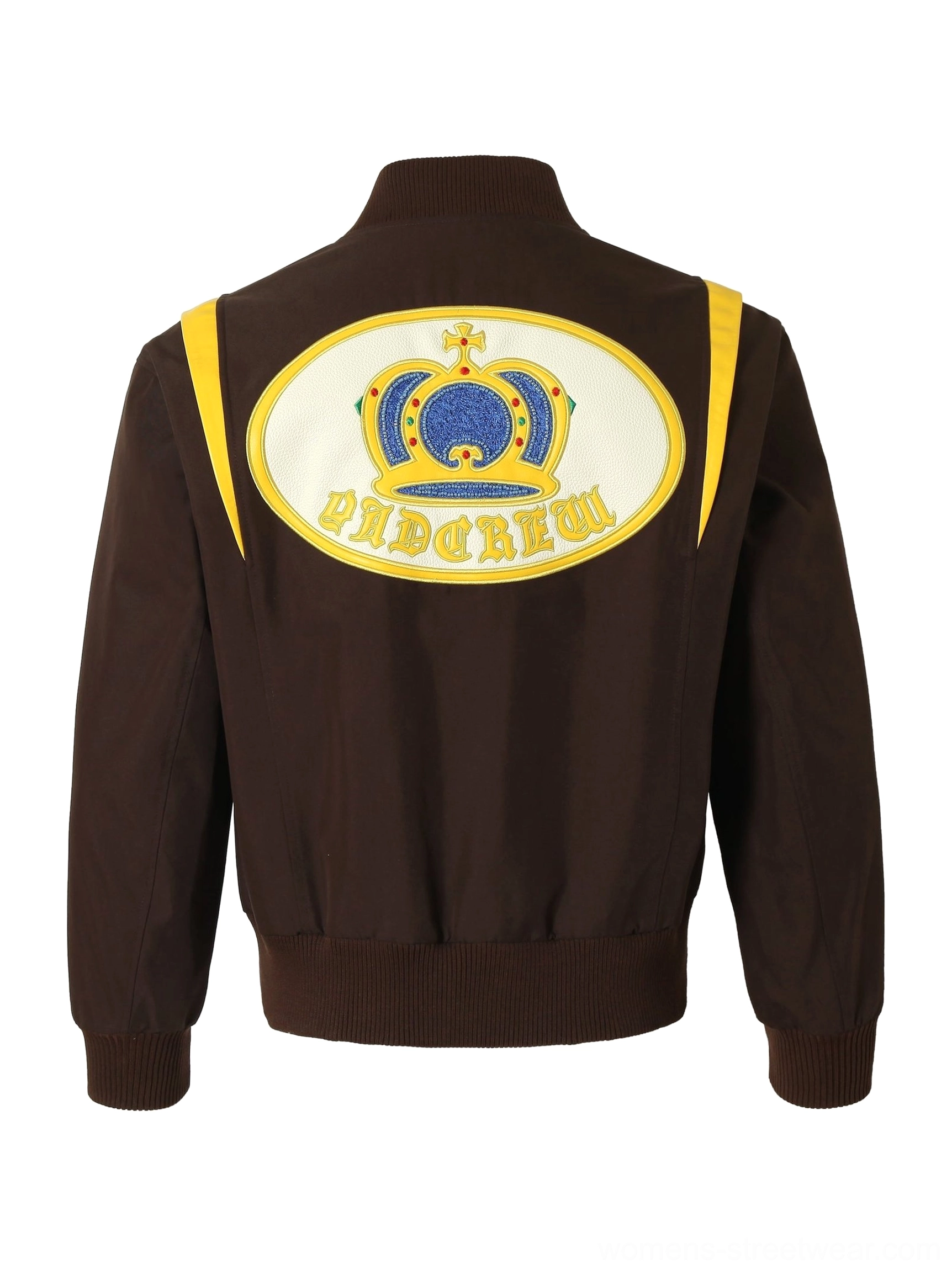 Brown crown embroidered varsity baseball jacket shown flat with yellow shoulder stripes and oval royal crown back patch