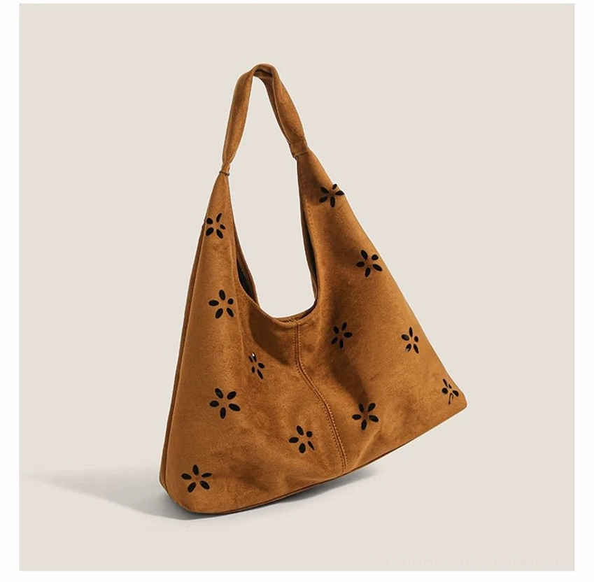Brown suede-effect daisy cutout hobo shoulder tote bag three-quarter side view