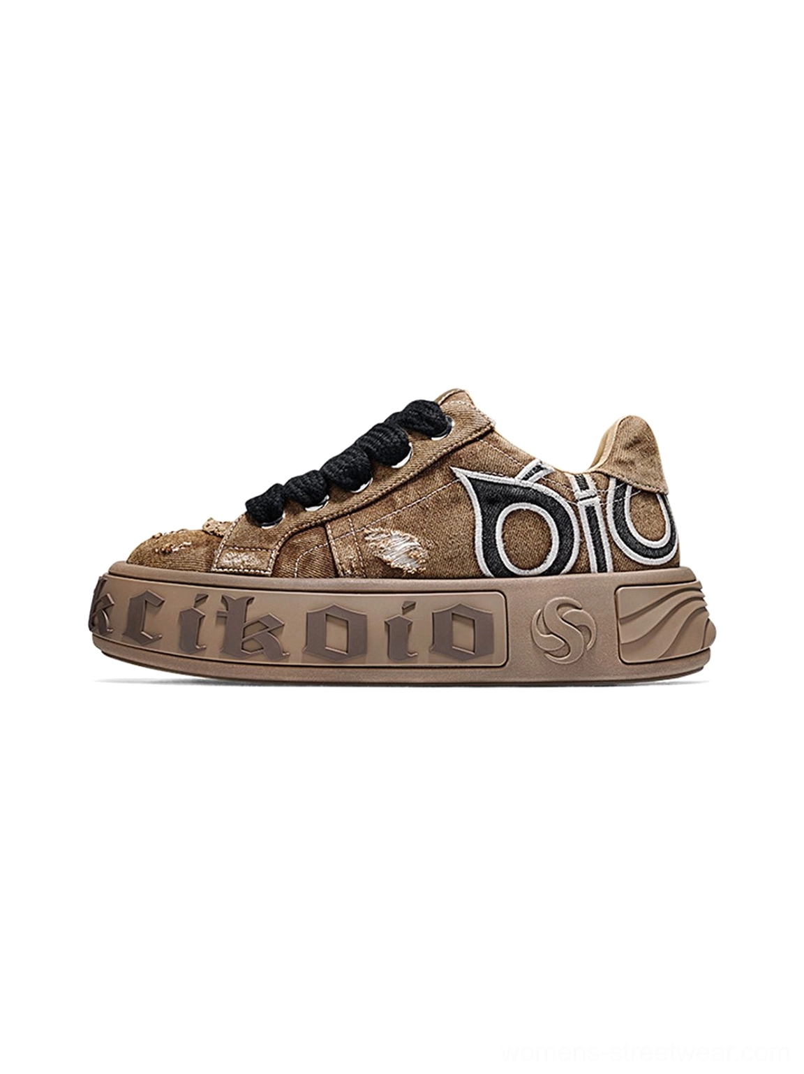 Side view of brown distressed canvas platform skate sneakers with black flat laces and a chunky streetwear sole