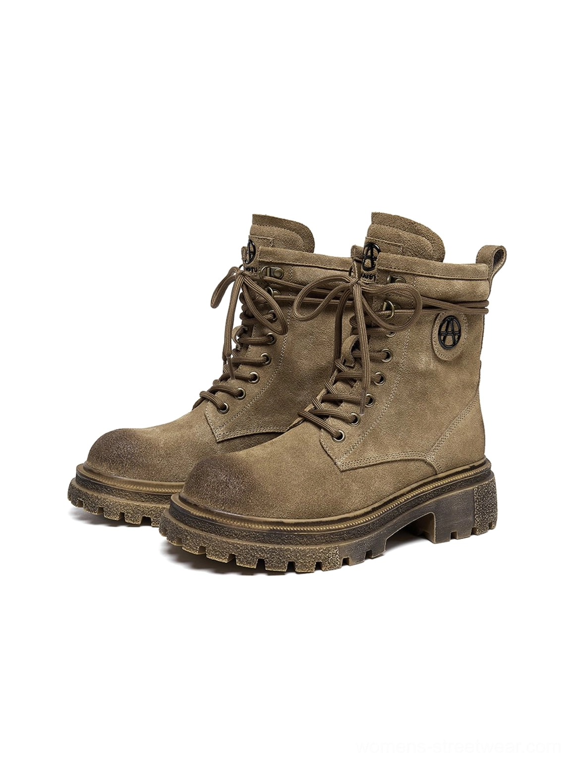 Brown distressed combat boots paired front view white background showing lace-up closure system AA logo ankle badge side details