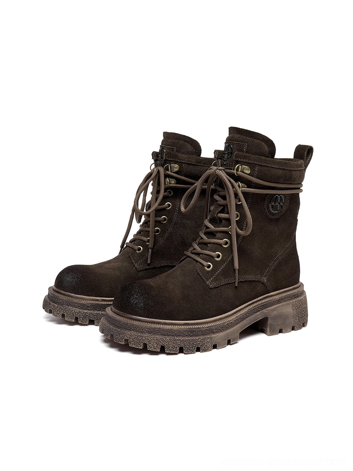 Brown distressed platform combat boots Y2K styling presentation showing oversized proportions fashion pairing suggestions