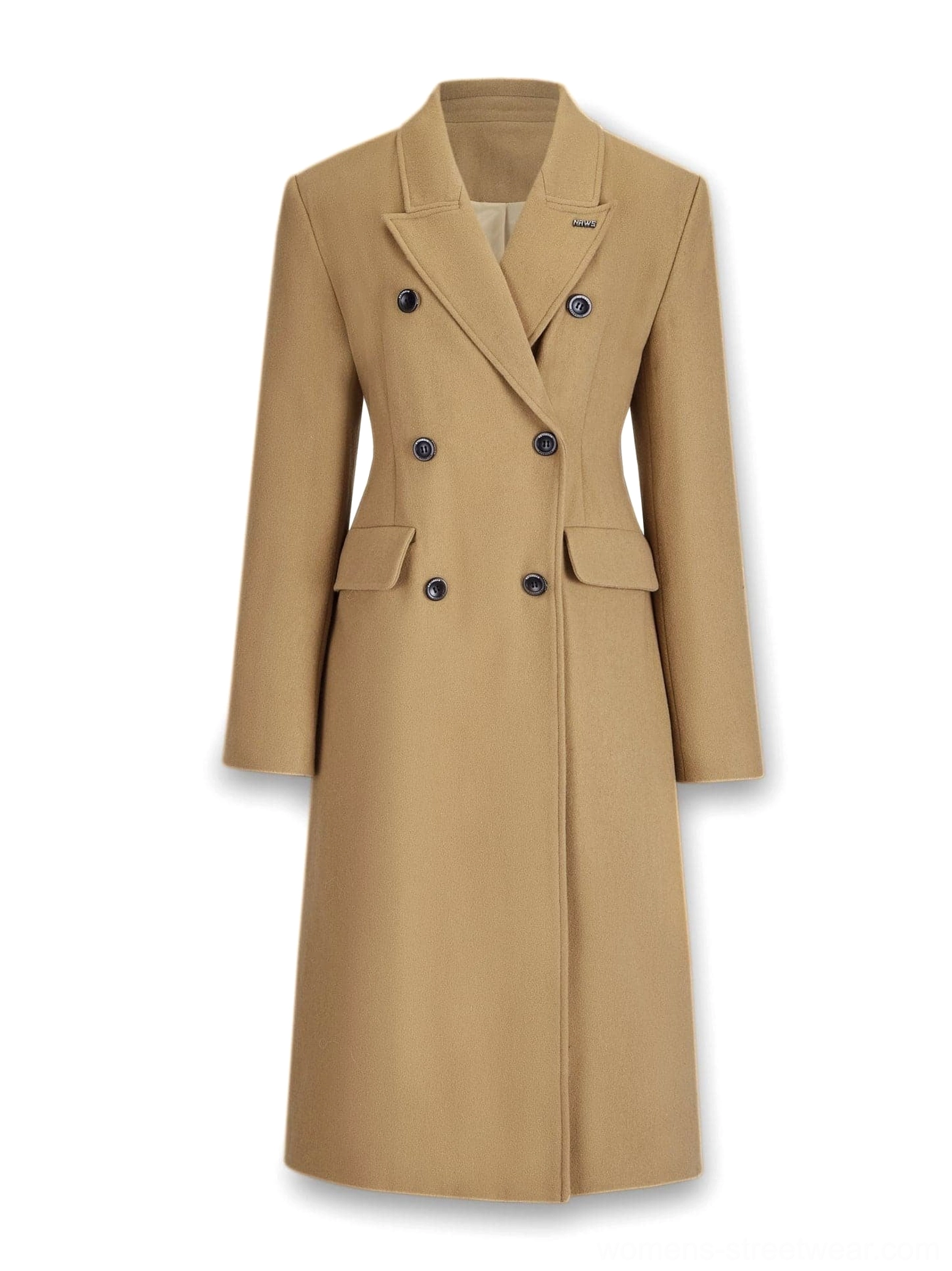Brown double-breasted wool long coat with a slim tailored waist and notched lapels