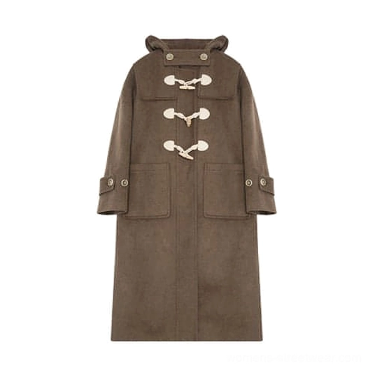 Brown wool duffle coat multiple views showing toggle closures patch pockets hood construction detail