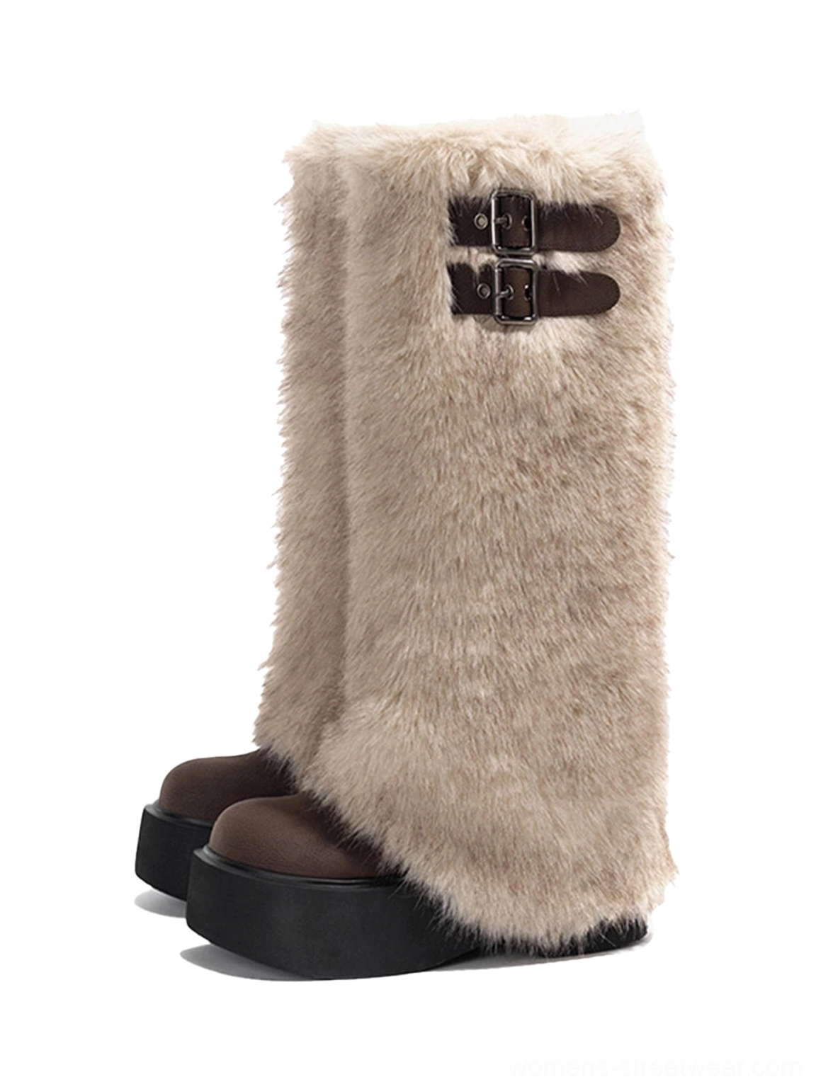 Pair of brown faux fur double-buckle platform tall boots with plush shafts and thick black platform soles