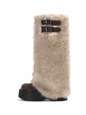 Brown faux fur double-buckle platform tall boots side close-up with plush khaki shaft and chunky black sole