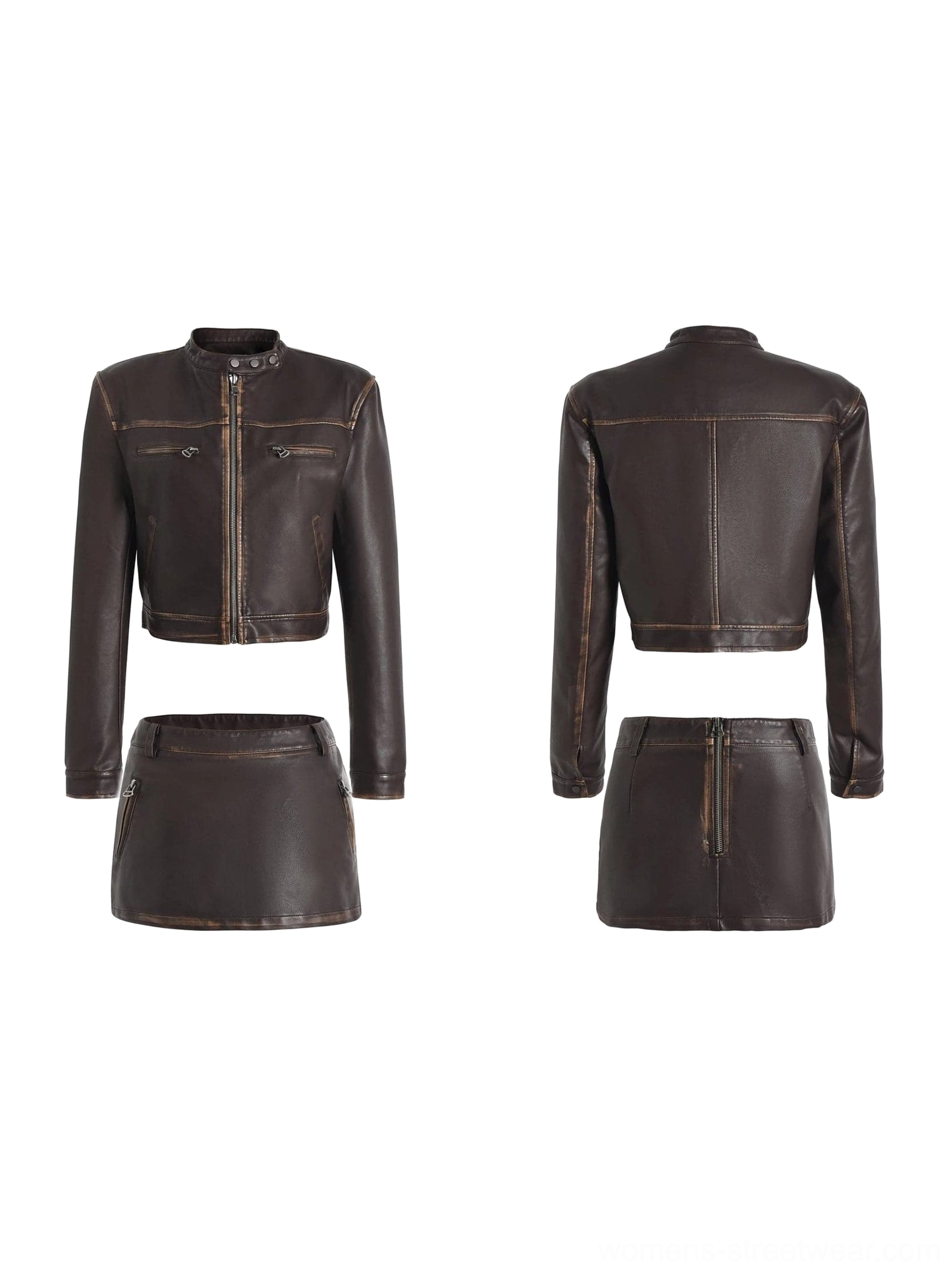 Brown faux leather moto jacket or mini skirt with distressed finish and Y2K Korean streetwear styling