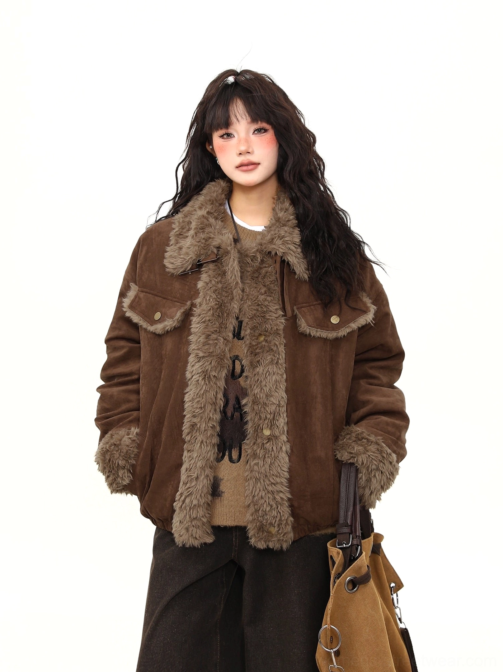 Full front view of a brown faux-shearling lined aviator jacket with soft cuffs, button closure, and vintage-inspired streetwear design