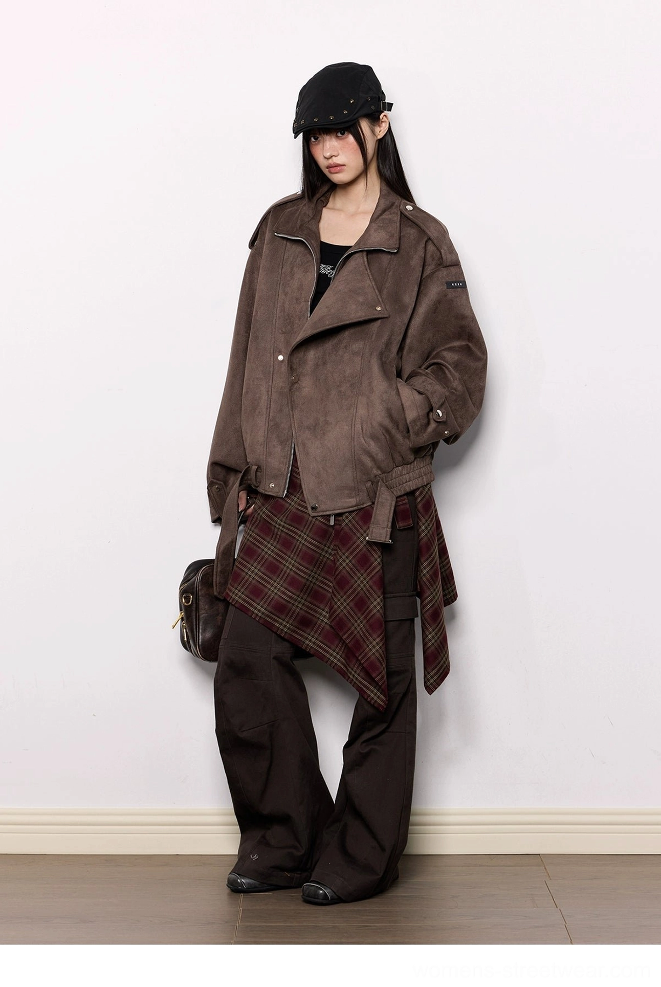 Brown faux suede oversized moto jacket with asymmetric snap front adjustable hem belt and relaxed streetwear silhouette
