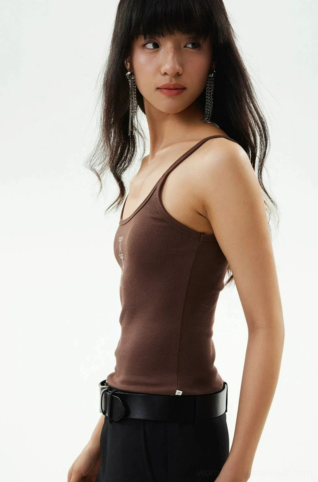 Side view of fitted brown ribbed cami tank top with thin straps and Korean streetwear styling