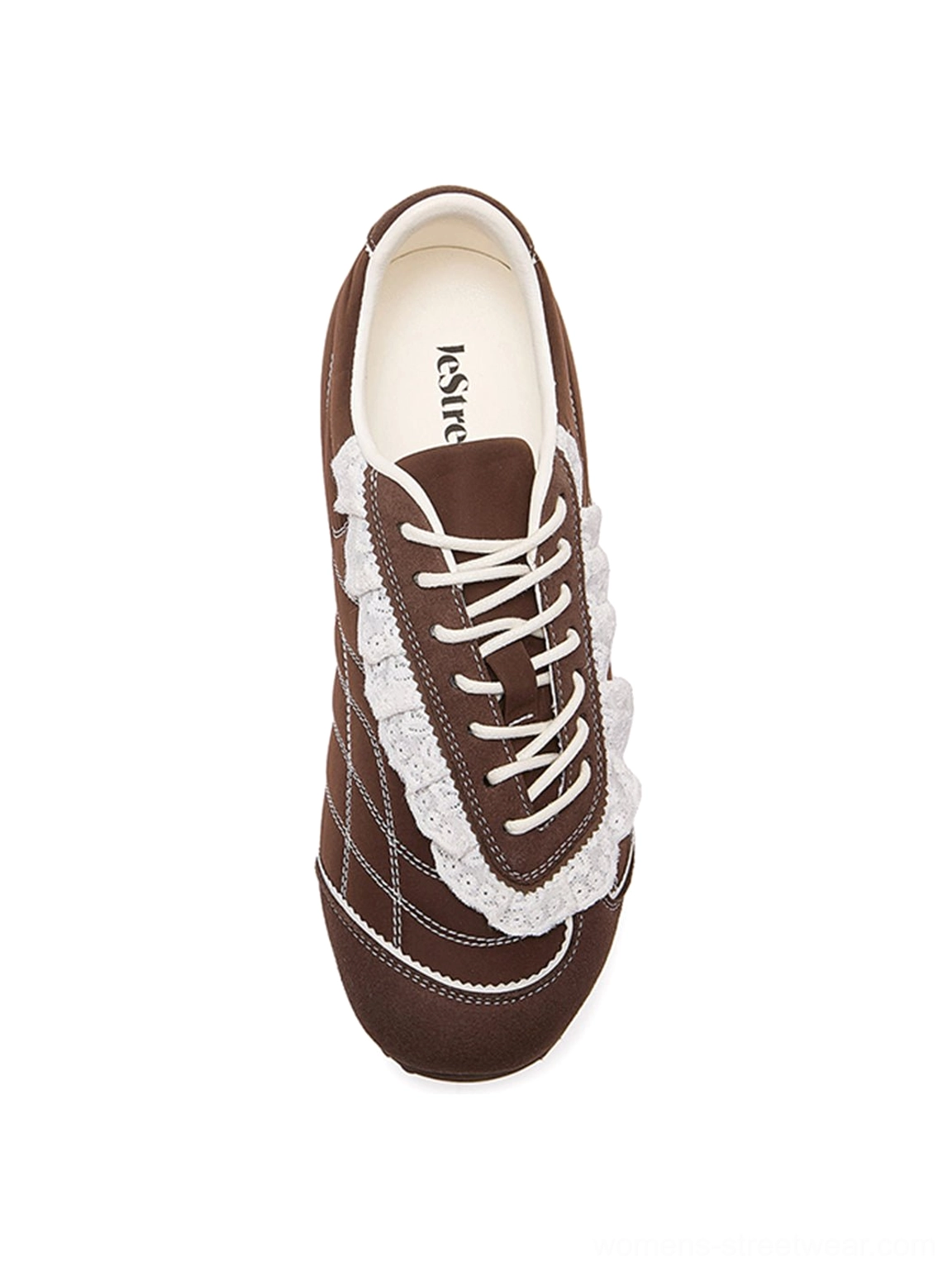 Brown frilled low-profile retro trainer sneakers product view highlighting the white laces slim rubber outsole and feminine streetwear styling